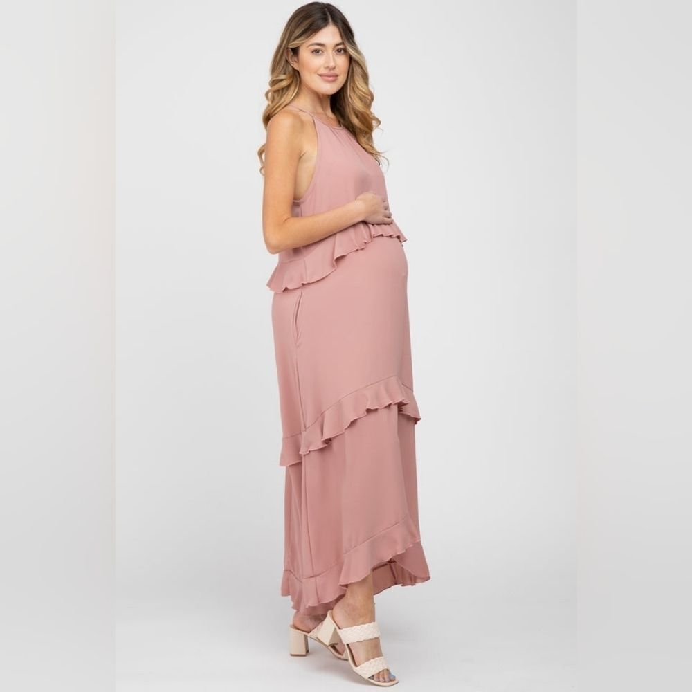 Pinkblush Haptics Pink Halter Neck Ruffle Accent Maternity Maxi Dress Small